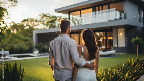 Back view of man and woman holding hands and standing in front of their new modern home. Real estate business concept. photo