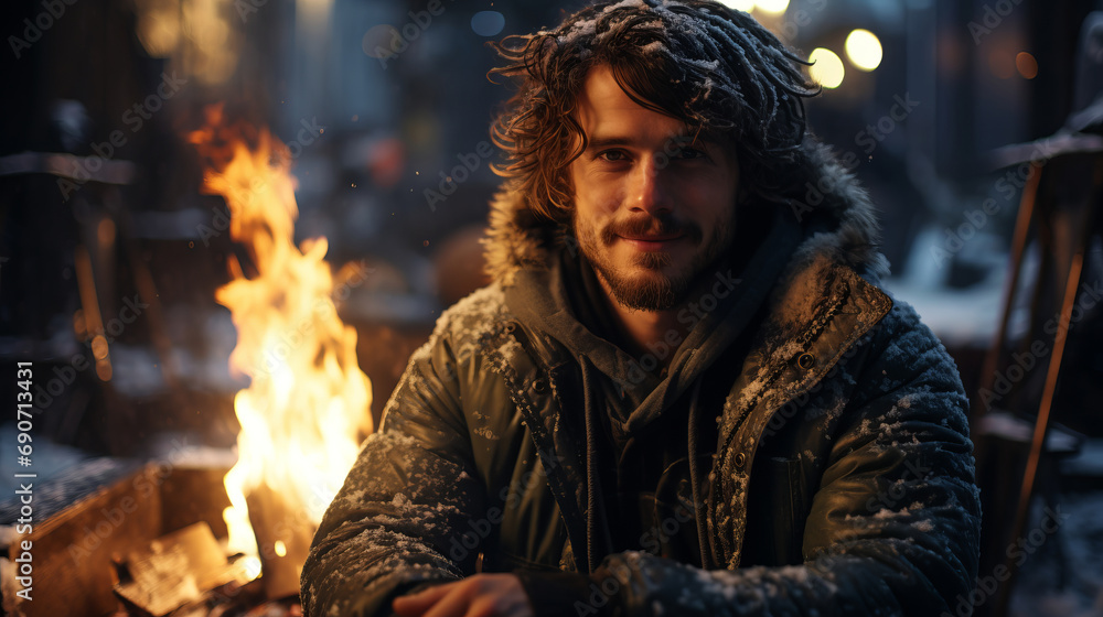 Positive and optimistic man warming himself near the fire in the street during blackout. Refugee, homeless, emigrant, beggar concept. Positive and optimistic man warming himself near the fire in the street during blackout. Refugee, homeless, emigrant, beggar concept.