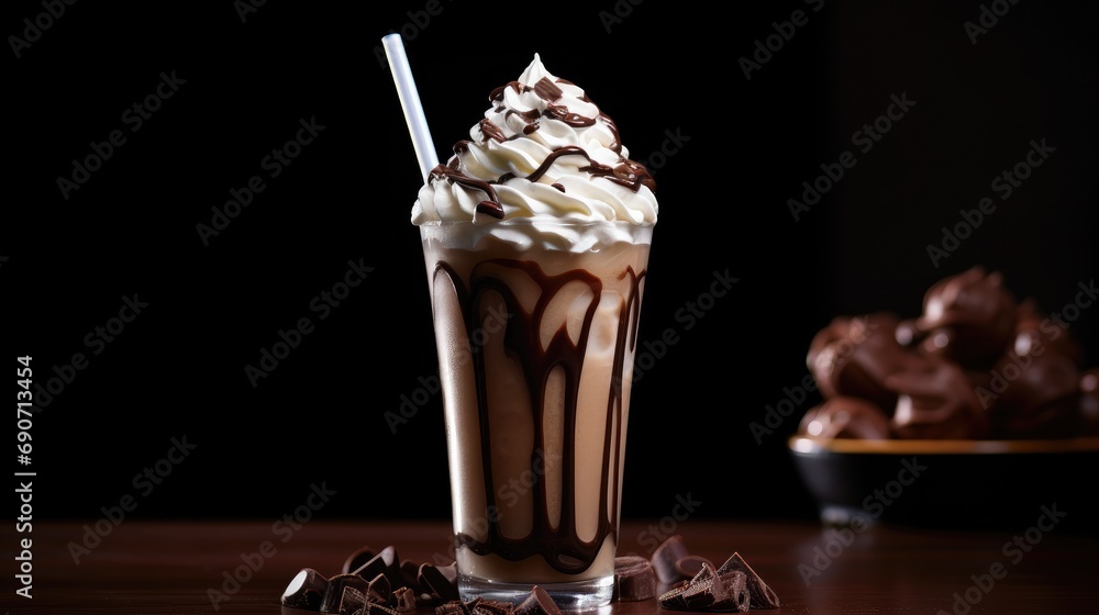 creamy perfection of a chocolate milkshake adorned with luscious whipped cream. Perfect for promoting the delicious and indulgent qualities of this irresistible treat. creamy perfection of a chocolate milkshake adorned with luscious whipped cream. Perfect for promoting the delicious and indulgent qualities of this irresistible treat.