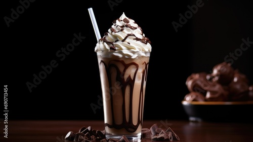 creamy perfection of a chocolate milkshake adorned with luscious whipped cream. Perfect for promoting the delicious and indulgent qualities of this irresistible treat.