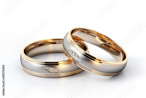 pair of two tone gold wedding ring with matte surface and diamonds on white glossy background