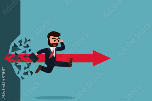 Businessmen running break the wall. Courage and motivation to break through walls. Obstacles or problems. Challenge to escape from the safe zone. Success concept. Vector illustration in cartoon style