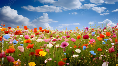 Field of poppies and blue sky with clouds. Spring landscape.