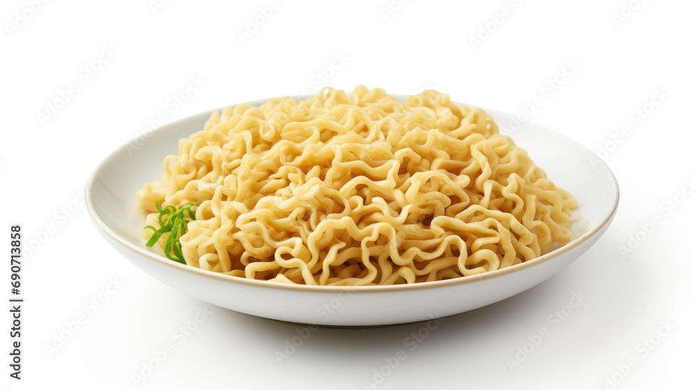 simplicity and texture of raw instant noodles on a pristine white background. Perfect for promoting the convenience and delicious potential of this fast culinary delight