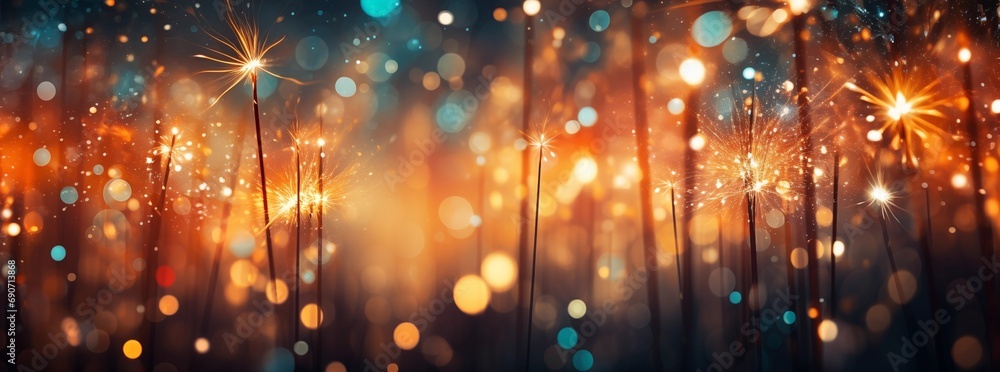 Obraz premium Silvester Neujahr, Silvesterabend Party Veranstaltung Feier Hochzeit - Nahaufnahme von funkelnden Wunderkerzen und Bokeh im Hintergrund