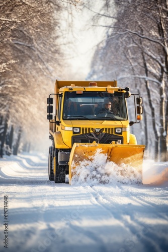 yellow snow plow cleaning a winter road