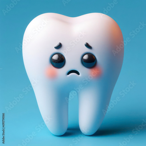 3D cute sad tooth affected by caries on solid blue background. ai generative