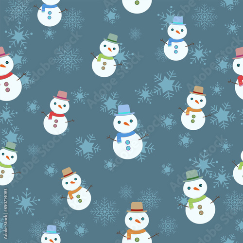 Snowmen and snowflakes seamless pattern with Christmas. Perfect for textile, wallpaper or print design © Little J