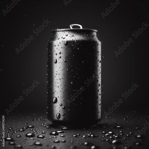Black can mockup on black background with water drops. ai generative