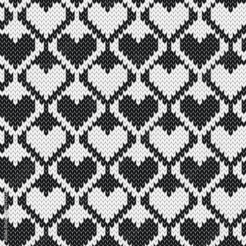 Heart shape jacquard knitted seamless pattern. Black and white Valentine background. Vector illustration.