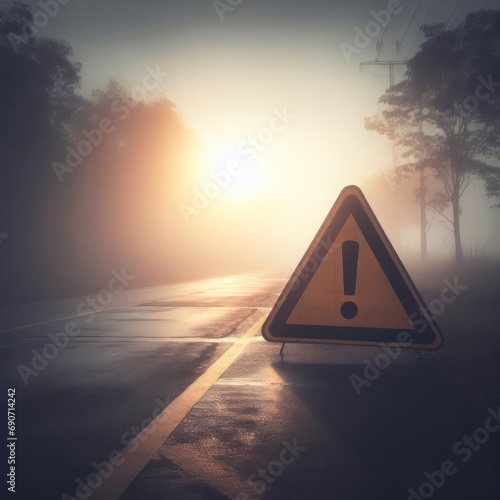 Caution Symbol on Hazy Road Background. ai generative