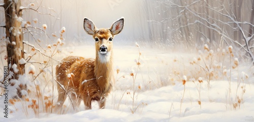 An endearing deer, donned in an elegant winter coat and a charming red stocking cap, grazes gracefully in a snow-covered meadow, photo