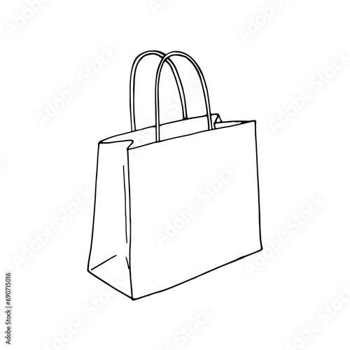 Shopping paper bag.  Delivery bag sketch on a white isolated background. Paper Bag for Grocery Shopping. Lunch package. Mall sales, buy in store, gift pack, shopping in a market/