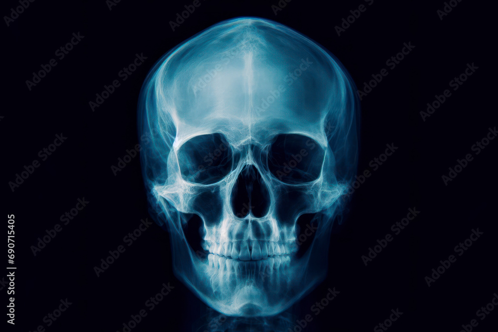 X-ray of human skull of a male, blue tone radiograph on a black background. ai generative