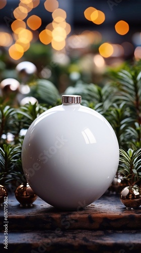  Christmas white glossy round bauble ornament on christmas tree and blurred bokeh lights background. photo