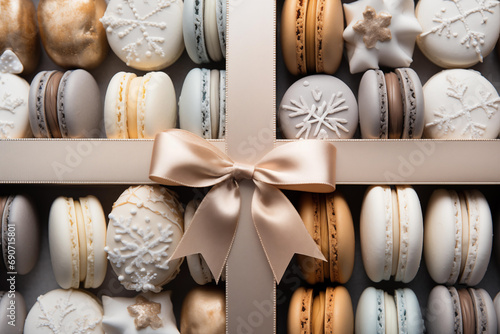 elegant holiday macarons in flat lay, creme bow photo