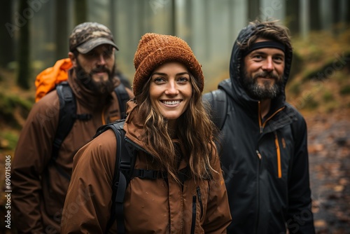 Friendly hikers pose in a misty, wooded landscape