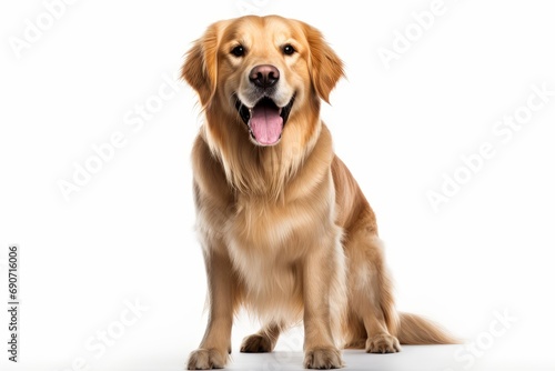 Portrait of a golden retriever dog on a white isolated background. Full height.