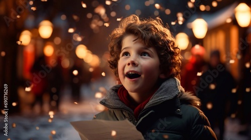 Kid boy reading letter for Santa Clause on the street. Christmas holiday with ai generation