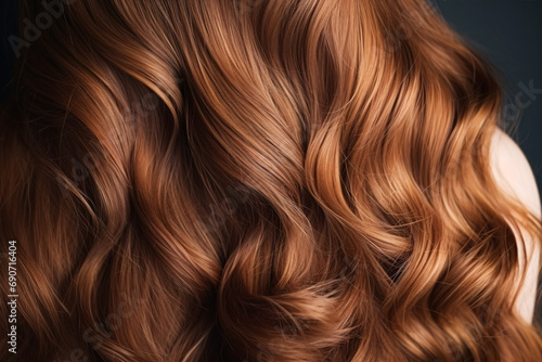 A close-up of luscious, wavy, shiny curls in varying hues of brown serves as a decorative backdrop, highlighting a woman's artful coiffure.