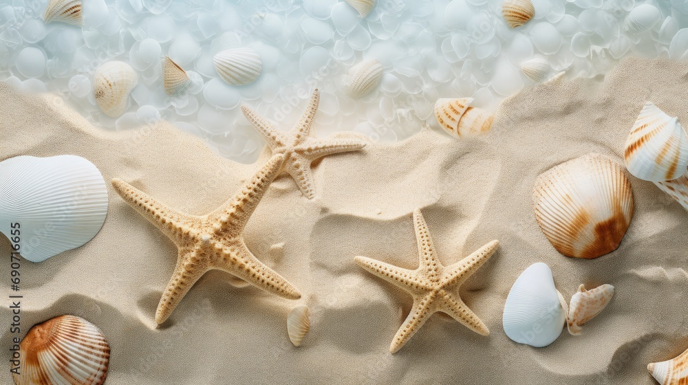 beauty of starfish and shells with sand as a background, evoking the tranquility of a beach vacation. Perfect for promoting summer and tropical themes. beauty of starfish and shells with sand as a background, evoking the tranquility of a beach vacation. Perfect for promoting summer and tropical themes.