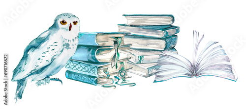 Beautiful book stack with an owl design.Watercolor hand painted books illustration. Book lover concept.Student themed design.