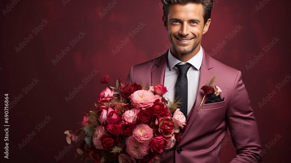 Man in wedding suit with beautiful flowers bouquet.
Portrait with ai generation Man in wedding suit with beautiful flowers bouquet.
Portrait with ai generation