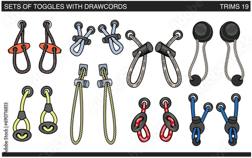 SET OF CORDS WITH TOGGLE STOPPERS FOR WAIST BAND, BAGS, SHOES, JACKETS, SHORTS, PANTS JOGGERS, TRACK PANTS, DRAWCORD AGLETS FOR CLOTHING AND ACCESSORIES VECTOR ILLUSTRATION