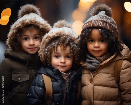 Toddlers stand together on the street and anjoy winter weather. Kids portrait with ai generation