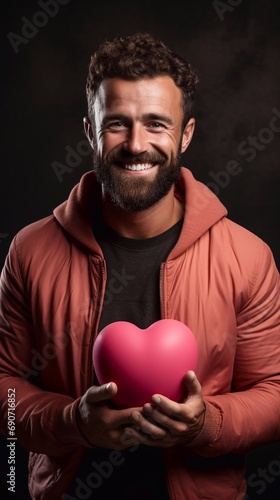 Happy man holding heart in hands on dark background. Man in sport suit holding gift for congratulation with valentane's day, birthday, woman's day. AI generated © tanchy25