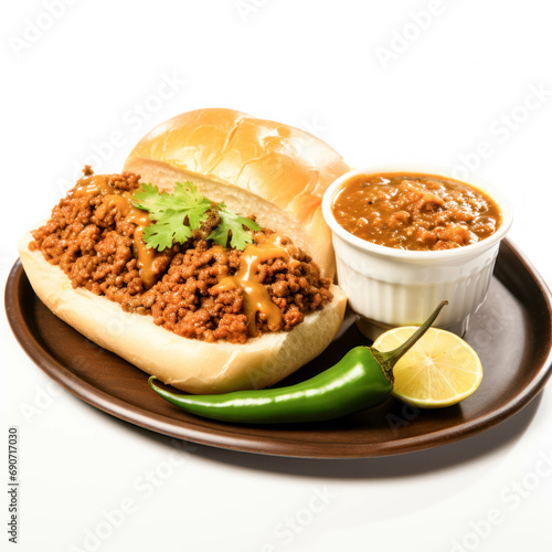 Mutton Kheema Pav OR Indian Spicy Minced Meat served with bread. photo