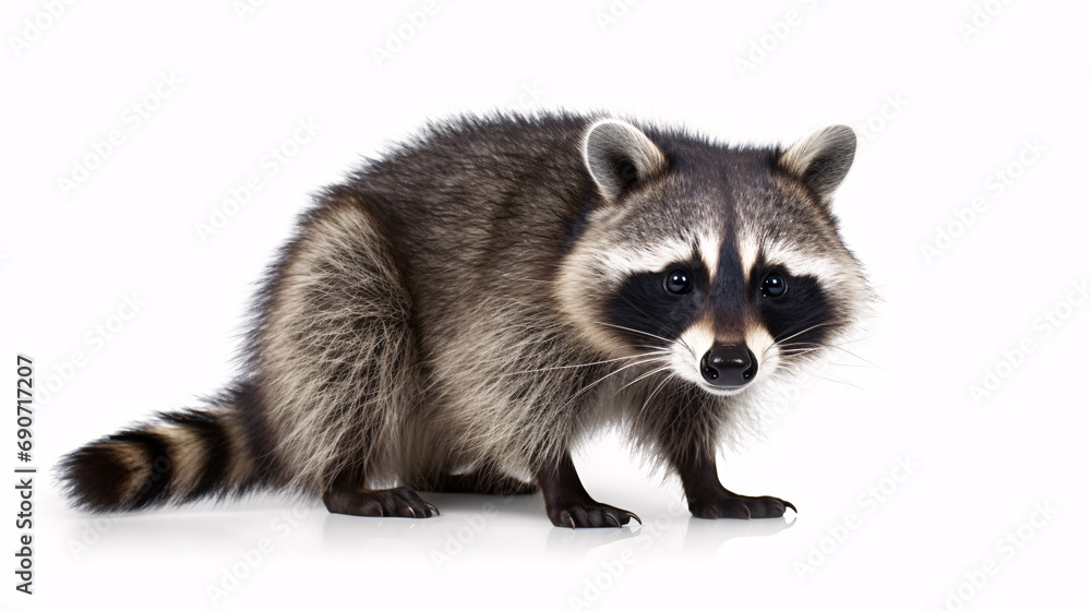 A raccoon perched on a solitary white setting.