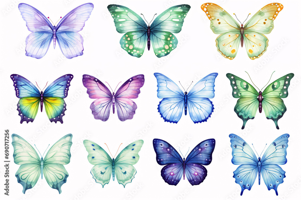Illustrated collection of vibrant watercolour butterflies ideal for postcards, designs, and invites. - obrazy, fototapety, plakaty 