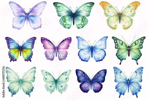 Illustrated collection of vibrant watercolour butterflies ideal for postcards, designs, and invites. © ckybe