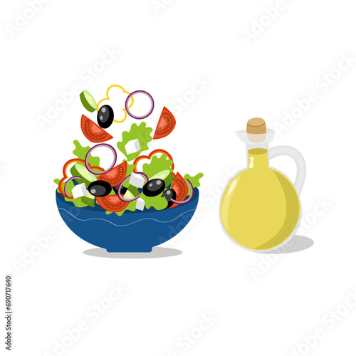 Greek salad on a blue plate, olive oil. Set of fresh vegetables falling in the bowl, tomatoes, cucumber, feta cheese, olives, onion, lettuce leaves. Salad preparation. Vector illustration.