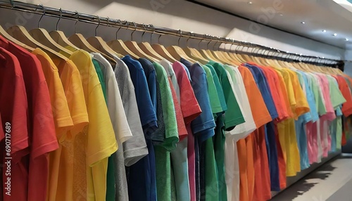 photography of t-shirts hanging on hangers, clothing store, urban