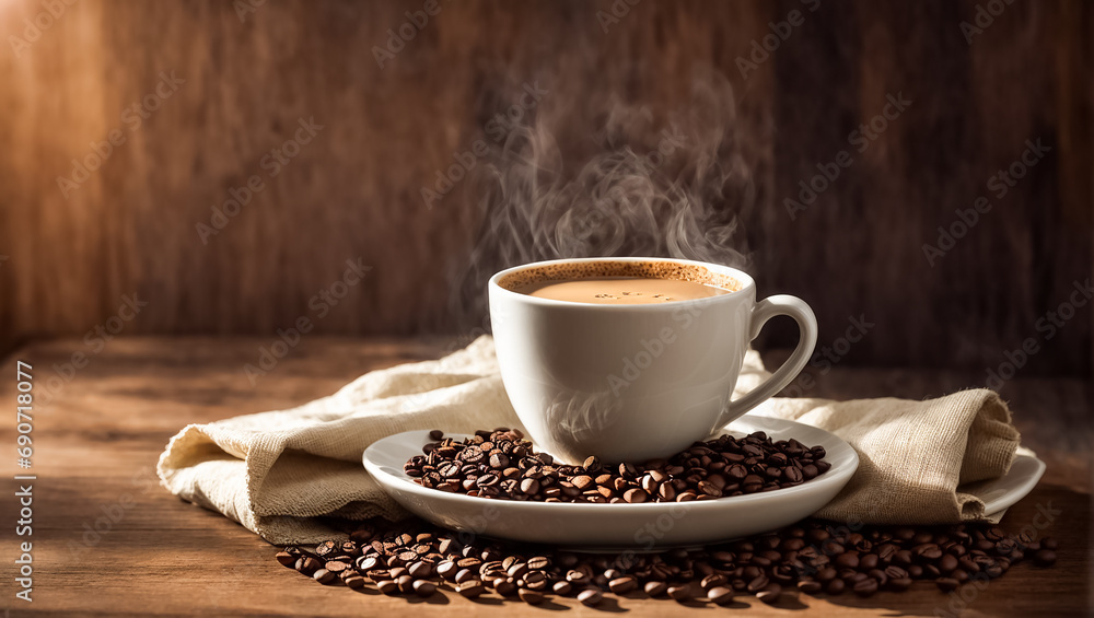 Cup of coffee with beans on the table poster Cup of coffee with beans on the table poster