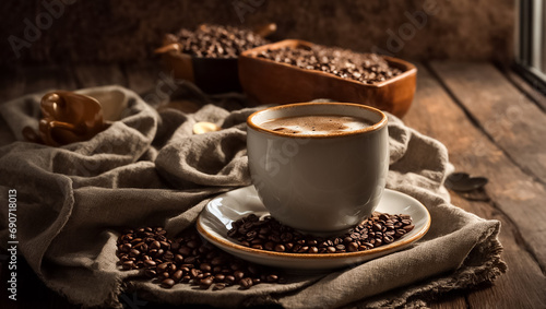 Cup of coffee with beans on the table traditional