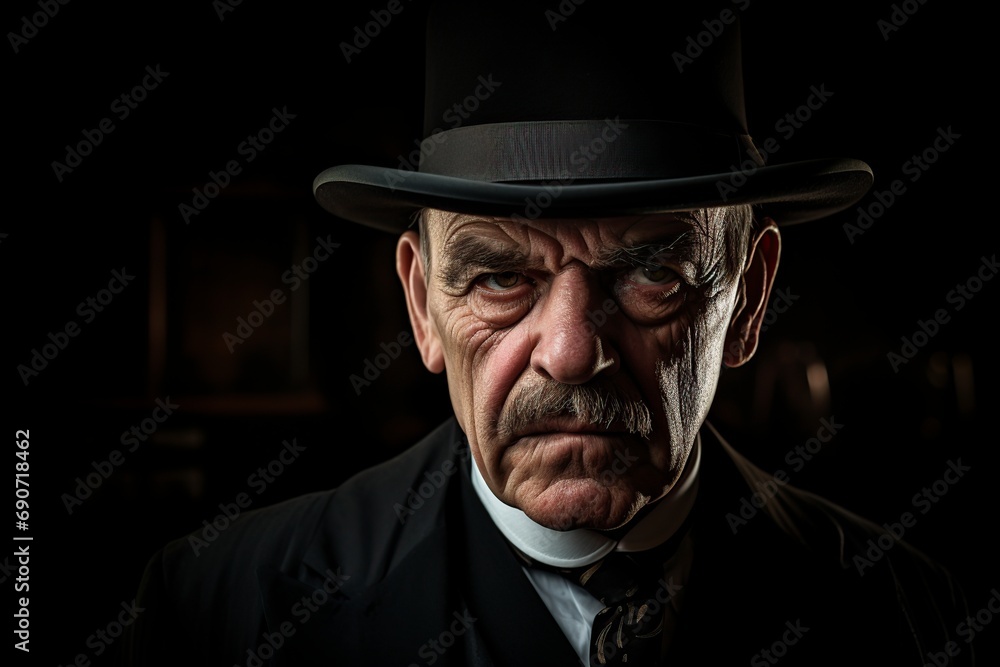 elderly gangster in a suit and hat posing very seriously in front of the camera elderly gangster in a suit and hat posing very seriously in front of the camera