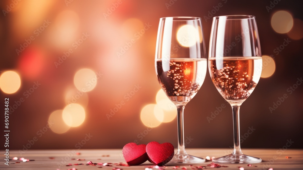 Two flute glasses with sparkling champagne and small red hearts against the festive background with bokeh effect. Concept of Valentine's Day, 14th February, love, romance date. Mockup, copy space. Two flute glasses with sparkling champagne and small red hearts against the festive background with bokeh effect. Concept of Valentine's Day, 14th February, love, romance date. Mockup, copy space.