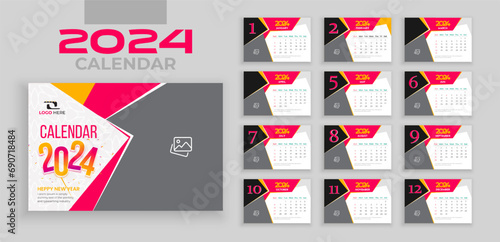Modern professional 2024 desk calendar design, week starts on Sunday, Simple planner design template, desk calendar 2024 year, wall calendar 2024 template, editable vector illustration photo