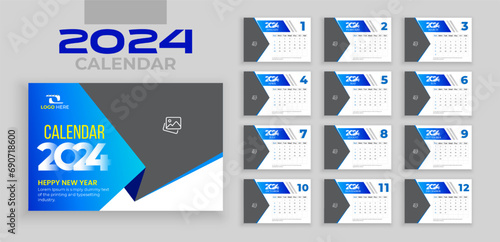 Calendar design for 2024. week starts on Sunday, Simple planner design template, desk calendar 2024 year, wall calendar 2024 template, editable vector illustration