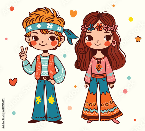 70s Groovy Hippie Young Boy and Young Girl, Vector Drawing Illustration