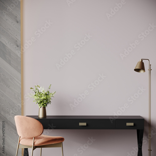 Workplace in Peach Fuzz 2024 color trend furniture. Painted gray walls and rich furniture - chairs and table with lamp. Pastel painting background. Large home office or coworking center. 3d render
 photo