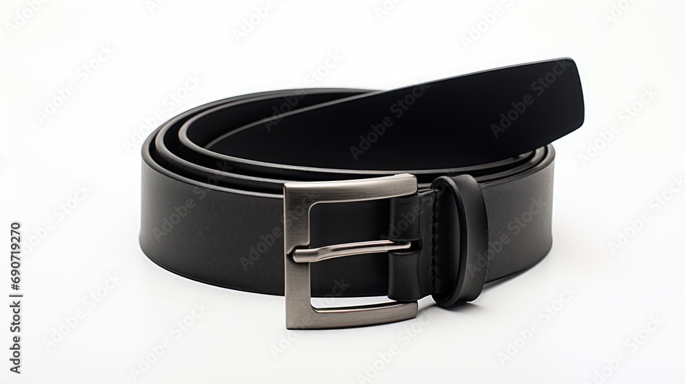 a fastened men's leather belt with a dark matted metal buckle on a crisp white background. Perfect for highlighting the elegance and trendiness of this black accessory a fastened men's leather belt with a dark matted metal buckle on a crisp white background. Perfect for highlighting the elegance and trendiness of this black accessory