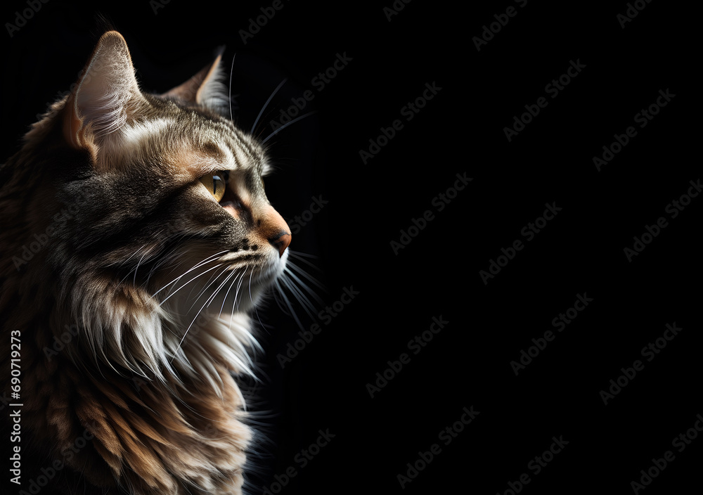 Profile portrait of fluffy cat on a black background with copy space Profile portrait of fluffy cat on a black background with copy space