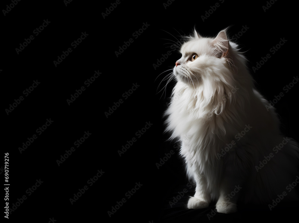 White fluffy cat on a black background with copy space