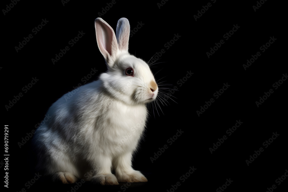 Portrait of cute white fluffy rabbit on a black background with copy space