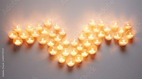 Multiple tealight candles arranged in a heart shape, illuminating a smooth white wall with a soft glow.