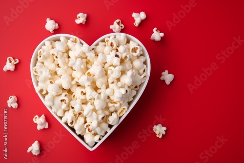 Tasty salted popcorn in heart-shaped striped cardboard box on the red background. Valentine's Day 14th February celebration, cinema romantic date concept. Top view. Mockup with copy space.